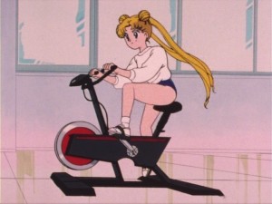 Usagi on an exercise bike