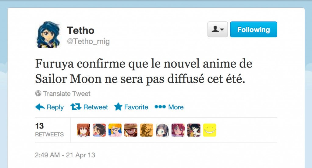 @Teho_mig tweet - "Furuya confirme que le nouvel anime de Sailor Moon ne sera pas diffusé cet été