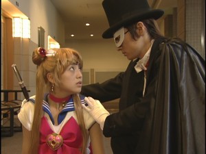 Miyuu Sawai as Sailor Moon and Jouji Shibue as Tuxedo Mask from the live action Pretty Guardian Sailor Moon series
