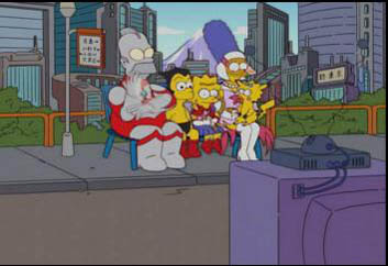 The Simpsons - Homer dressed as Ultraman, Bart as Astroboy, Lisa as Sailor Moon, Marge as Jun from Gatchaman and Maggie as Pikachu from Pokemon