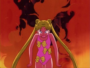 Sailor Moon episode 17 - Usagi in a swimsuit angry