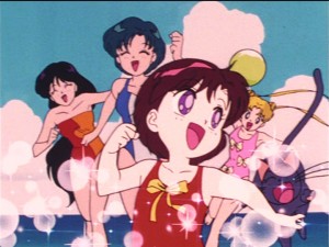 Sailor Moon episode 20 - Sakiko, Rei, Ami and Usagi at the beach