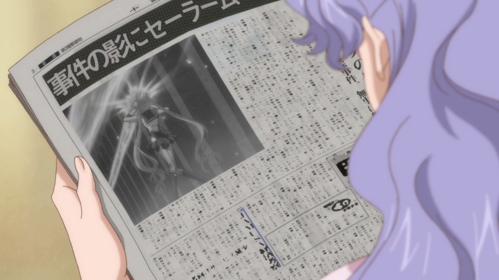 Sailor Moon Crystal Act 4 - Newspaper from the future showing Sailor Moon doing Moon Twilight Flash