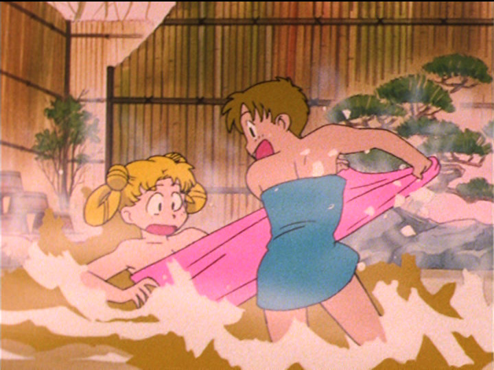 Sailor Moon episode 40 - Shingo stealing Usagi's towel at the hot springs