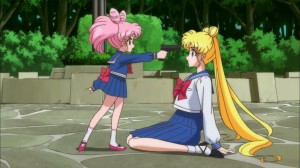 Sailor Moon Crystal season 2 trailer - Chibiusa pointing a gun at Usagi