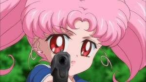 Sailor Moon Crystal season 2 trailer - Chibiusa pointing a gun at Usagi