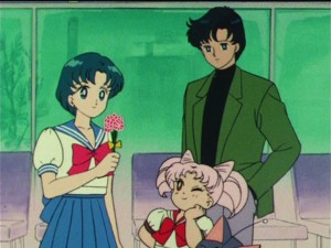 Sailor Moon R episode 62 - Ami, Chibiusa and Mamoru at the airport