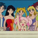 Sailor Moon R episode 67 - Ami, Rei, Usagi, Minako, Makoto, Artemis, Luna and Chibiusa on a boat