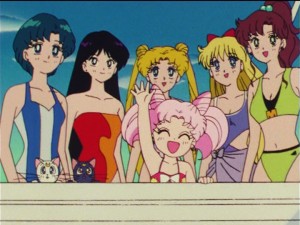 Sailor Moon R episode 67 - Ami, Rei, Usagi, Minako, Makoto, Artemis, Luna and Chibiusa on a boat