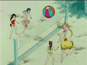 Sailor Moon R episode 67 - Rei, Chibiusa, Ami, Makoto, Minako and Usagi playing beach volleyball in swimsuits