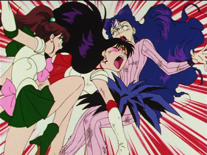 Sailor Moon R episode 70 - Sailor Mars defending Koan from Sailor Jupiter's kick