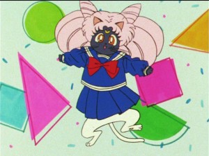 Sailor Moon R episode 74 - Luna and Artemis dressed as Chibiusa