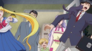 Sailor Moon Crystal Act 15 - The Tsukino family being hypnotized while Luna hits Mamoru in the face