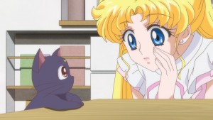 Sailor Moon Crystal Act 15 - Usagi conspicuously talking to Luna in front of her family