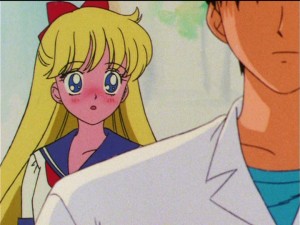Sailor Moon S episode 100 - Minako blushes at Tsutomu