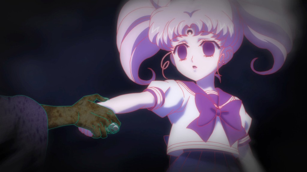 Sailor Moon Crystal Act 22 - Chibiusa wearing the correct top, with symbol of the Black Moon Clan on her head