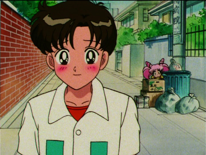 Sailor Moon S episode 107 - Masanori blushing at Michiru while Chibiusa creeps on him