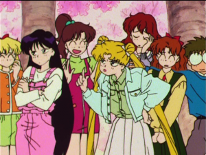 Japanese DVD screenshot - Sailor Moon R episode 51 - Minako, Rei, Makoto, Usagi, Haruna, Naru and Umino