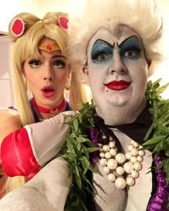 Emily Bett Rickards dressed as Sailor Moon, Coulton Haynes dressed as Ursula