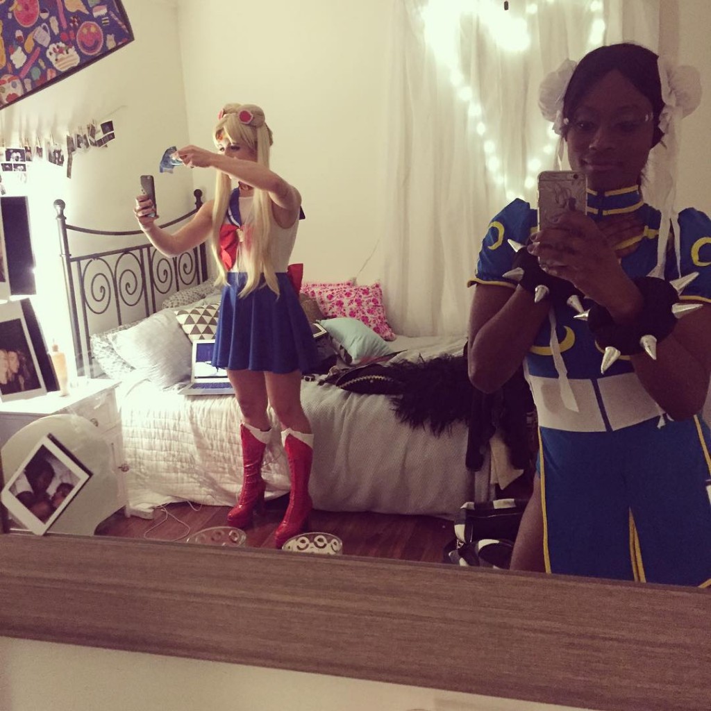 Emily Bett Rickards getting dressed as Sailor Moon