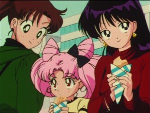 Sailor Moon SuperS episode 159 - Makoto and Rei quizzing Chibusa about the mysterious boy