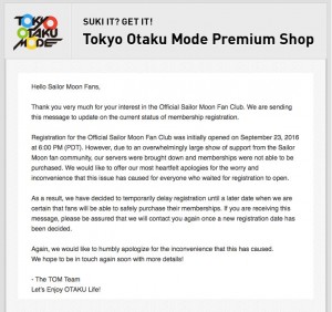 Official Sailor Moon Fan Club registration delayed message