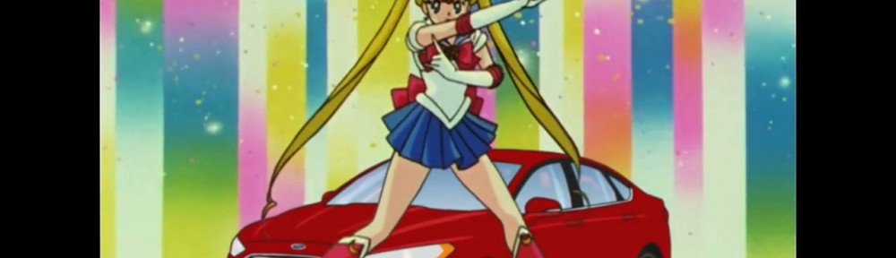 Sailor Moon in front of a Ford Fusion