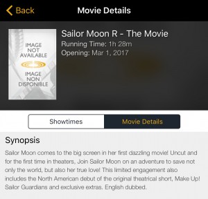 Sailor Moon R: The Movie listed on the Cineplex phone app