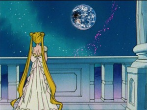 Princess Serenity views a solar eclipse from the Moon