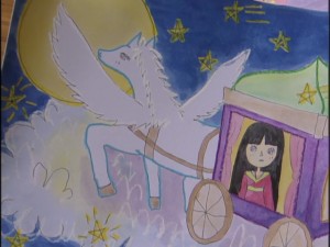 Live Action Pretty Guardian Sailor Moon Act 10 - A drawing of Princess Kaguya returning to the Moon