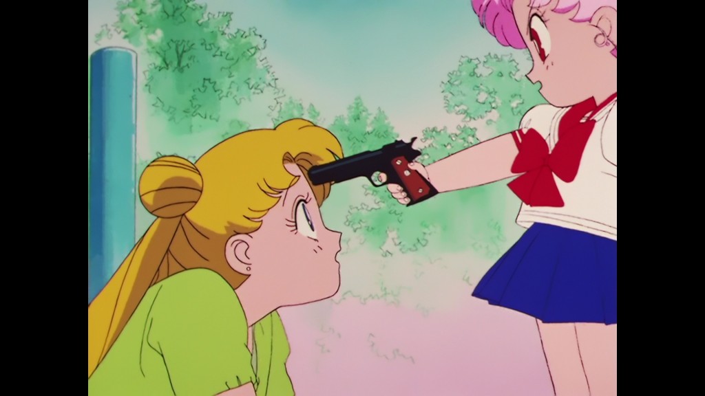 Sailor Moon R episode 60 - Japanese Blu-Ray - Chibiusa points a gun at Usagi