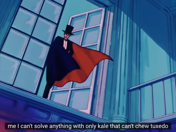 Sailor Moon Episode 01 on YouTube - Tuxedo Mask can't solve anything with only kale